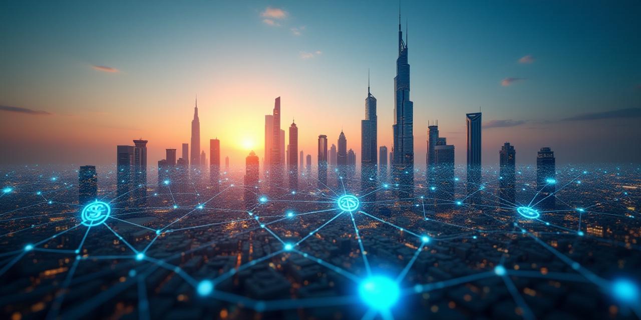 أفق مدينة الكويت مع رموز رقمية للمدفوعات